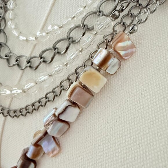 🌼✨ Layered Statement Necklace – Multi-Strand Chains, Crystals & Shell Beads - Picture 3 of 12